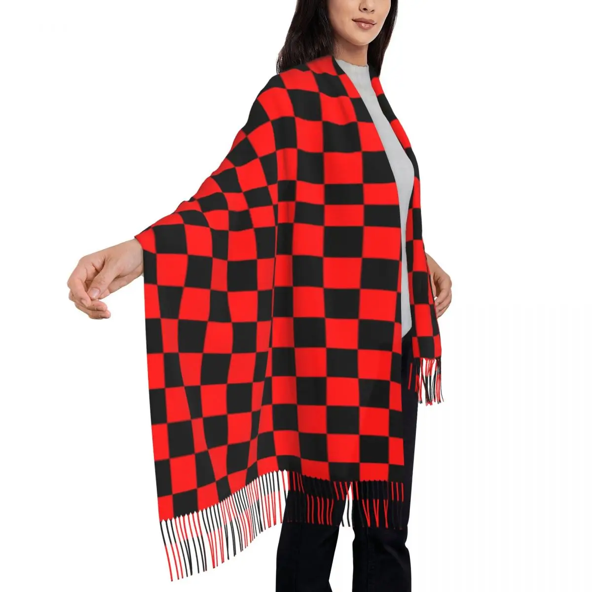 

Female Scarf Outdoor Black And Red Two Tone Head Scarves with Long Tassel Checkboard Cool Shawls and Wraps Winter Bufanda Mujer