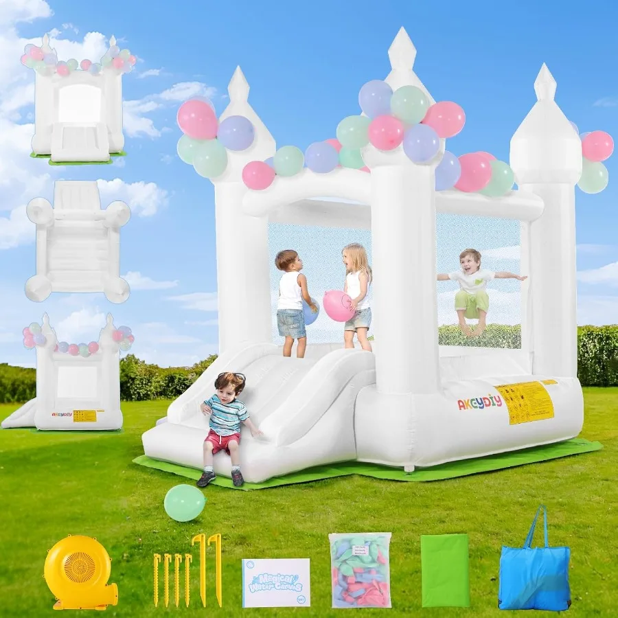 白いバウンスハウス、屋内外兼用、3～10歳向け幼児用バウンスハウス、スライド、フロアマット、風船、送風機付き、誕生日用