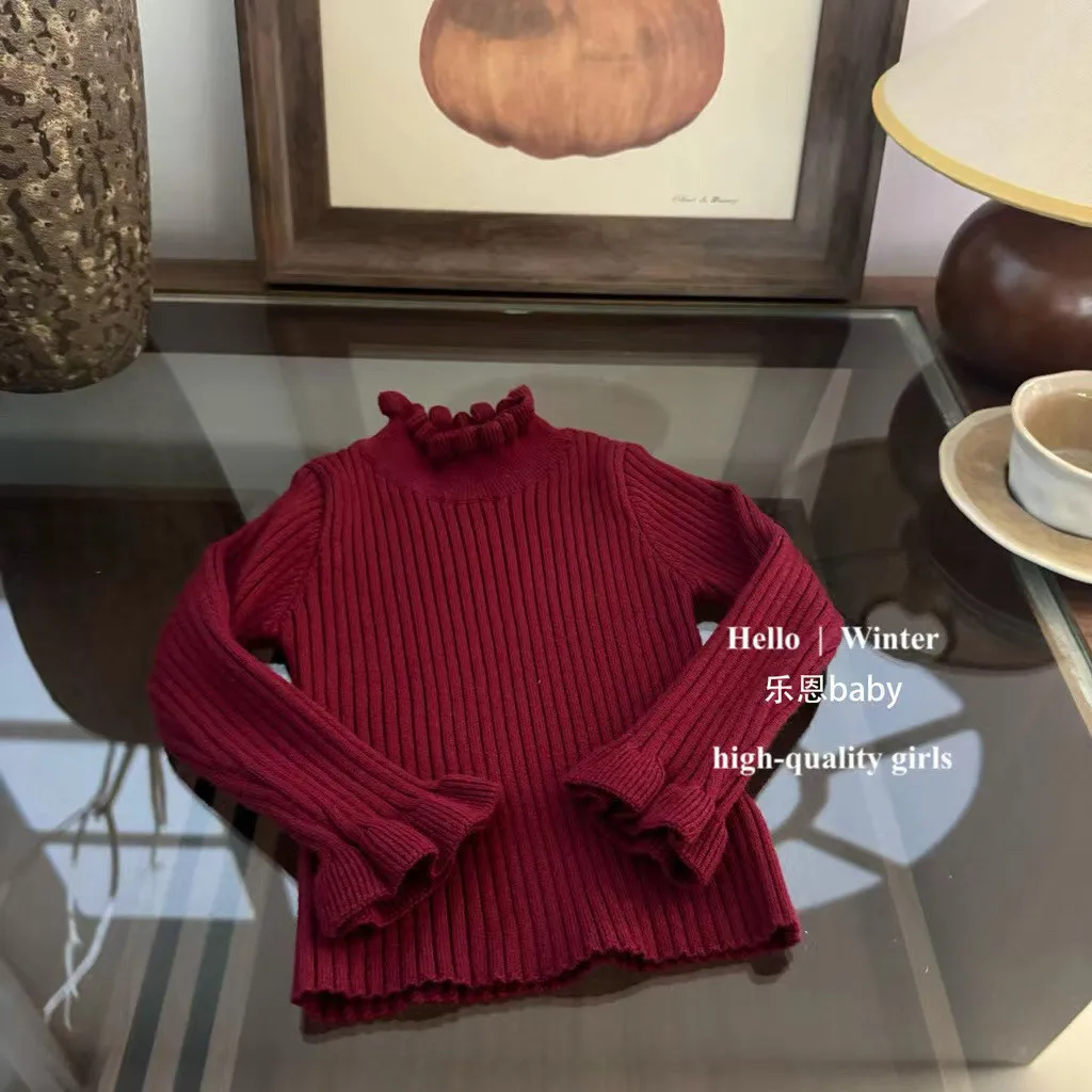 

Girls' sweater base new style children's thick high neck knitted sweater top sweater autumn/winter New Year red