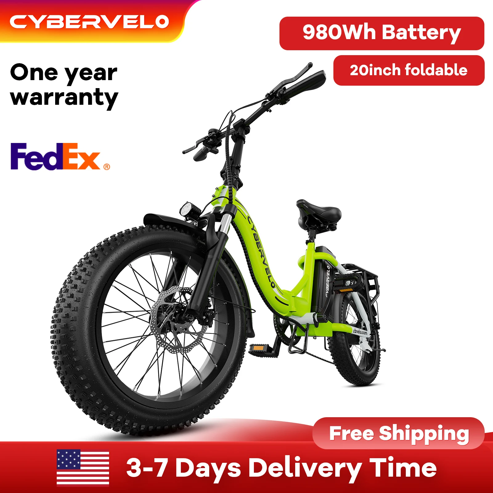 

Cybervelo Foldable Step-Thru Electric Bike, 48V 20AH Removable Battery, 20" fat tire 7-Speed Electric Bycicle for Adult, Mars700