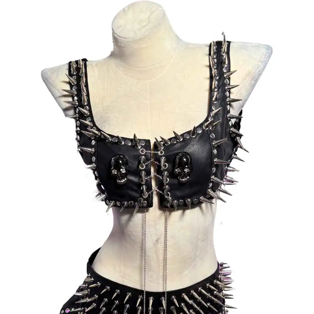 Skull Eco Street Wear DIY Y2K Vegan Leather TOPS Grunge Punk Rock E-Girls Kawaii Emo Studded Rivet Harajuku 90s Hand Made Gothic