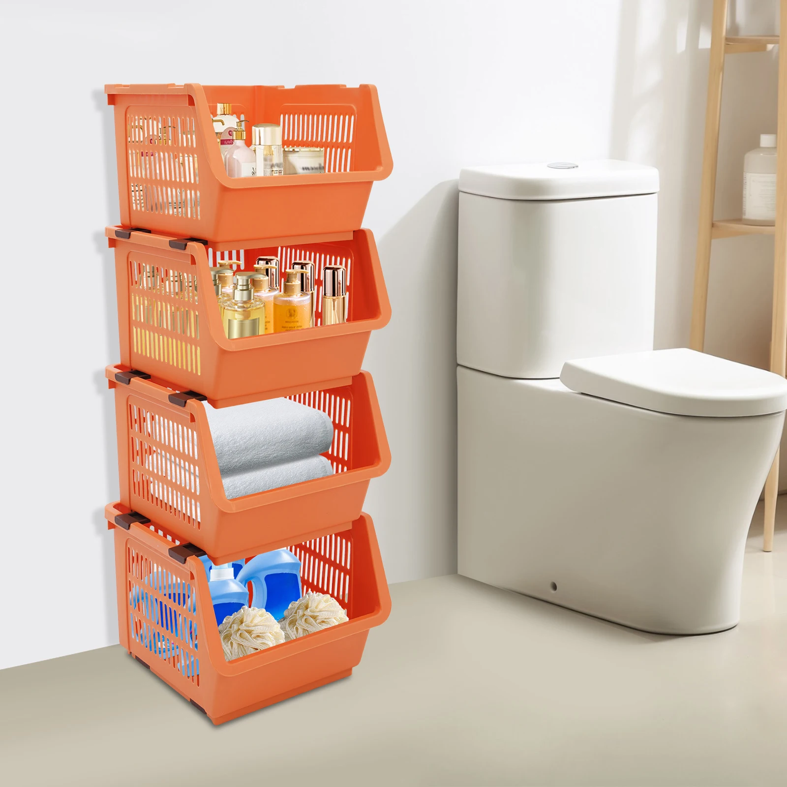 Оранжевые большие штабелируемые корзины для хранения, 4 контейнера-органайзера с ручками, универсальный пластиковый контейнер из полипропилена для дома и общежития