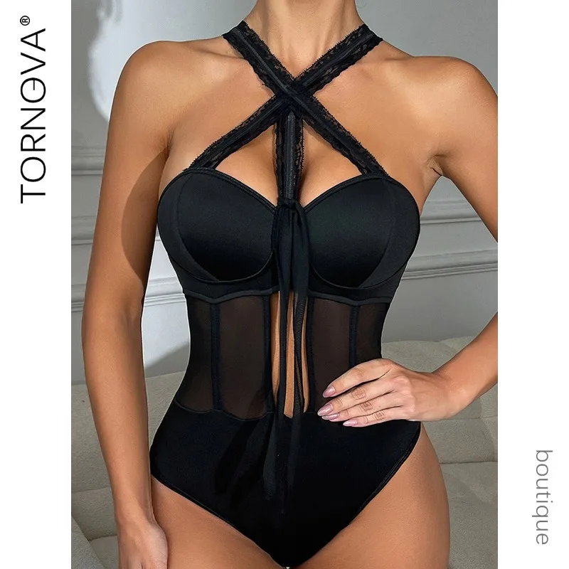 

Tornova сексуальное боди с лямкой на шее, однотонное кружевное облегающее боди со сборками вместе, прозрачный женский интересный комплект горячего полого боди
