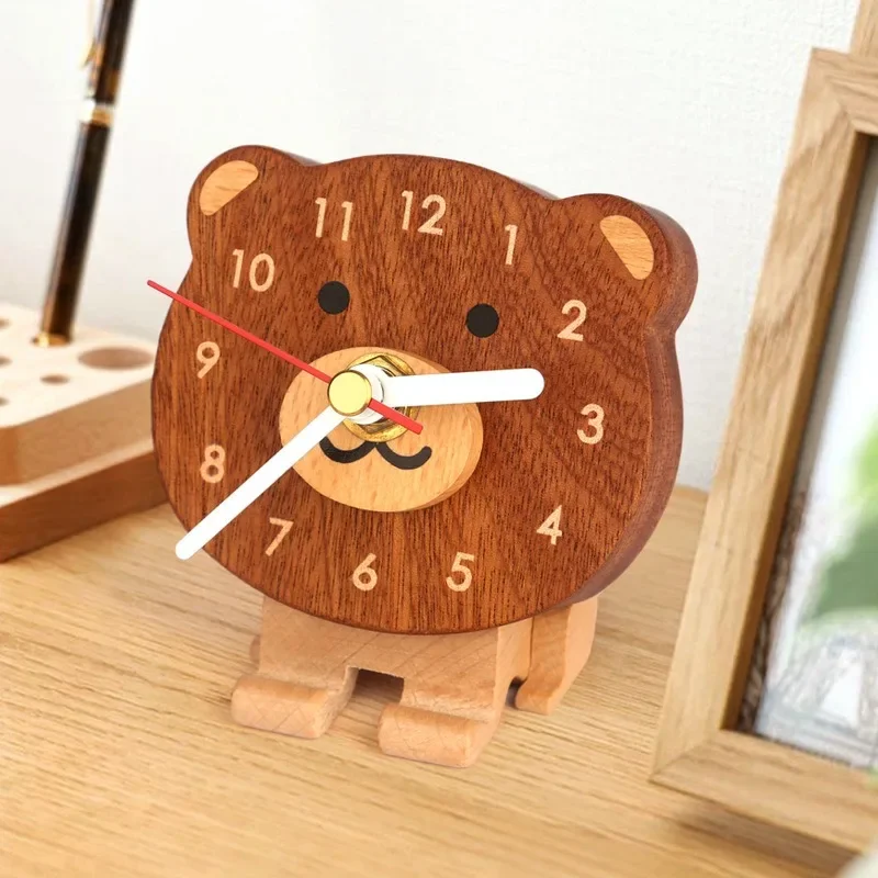 Korean Cartoon Bear Decorative Table Clock Creative Solid Wood Ornaments Clock Bedroom Office Desk Decoration Quartz Watch
