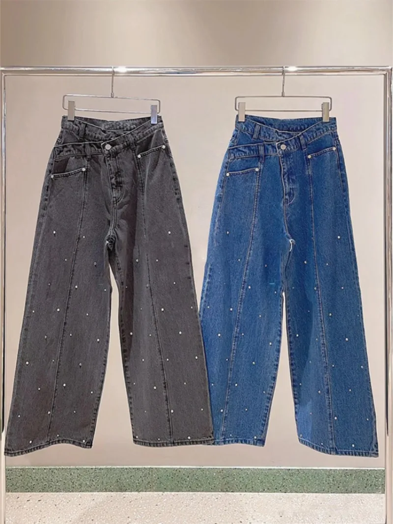 

2024 Autumn New Beading Diamonds Wide Leg Pants High Waist Loose Straight Denim Jeans Vintage Casual All-match Pantalones Cowboy