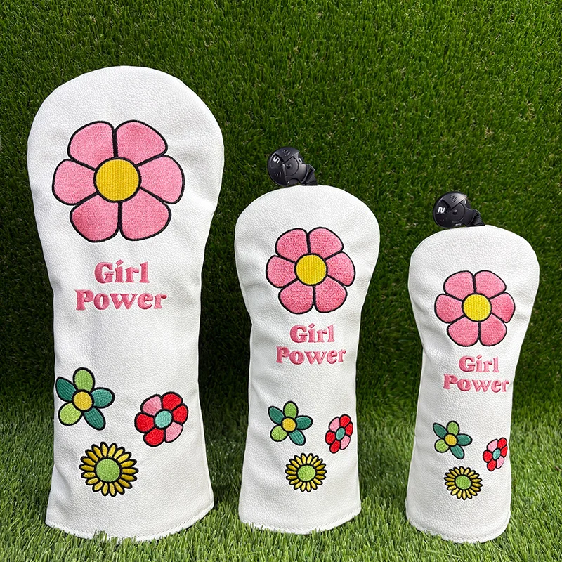 Flower Golfer Gift Golf Club Headcovers White Premium Leather Golf Driver Fariway Wood Covers Hybrid Head Covers 3 Wood Covers