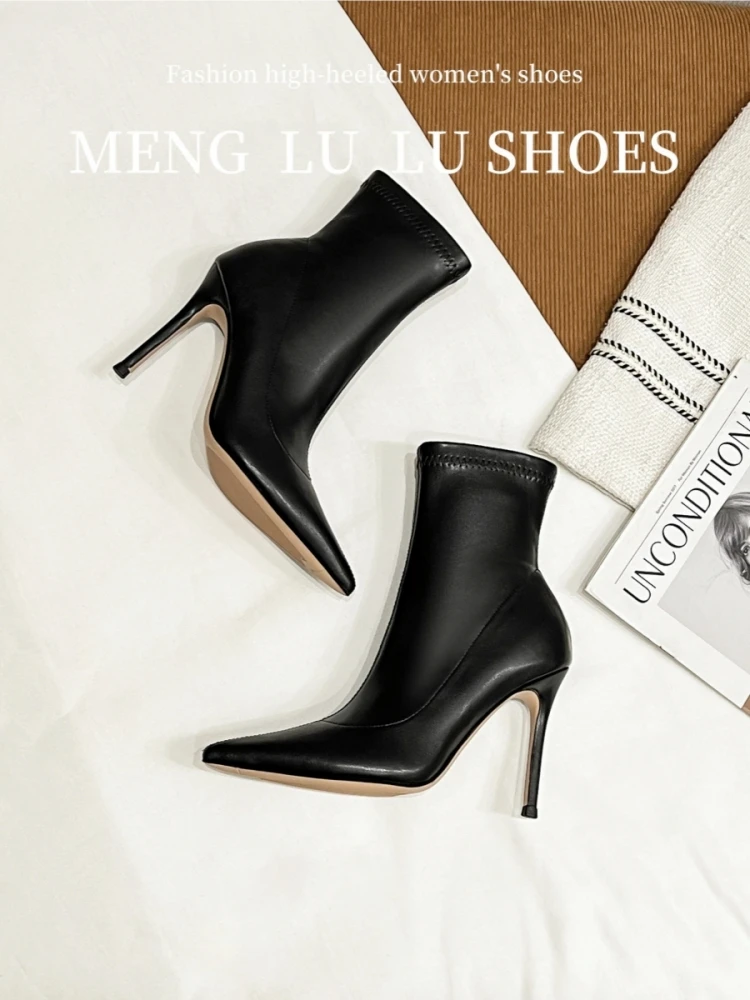 

Новые европейские и американские короткие ботинки на высоком каблуке с острым носком, универсальные эластичные ботинки, утягивающие женские ботинки