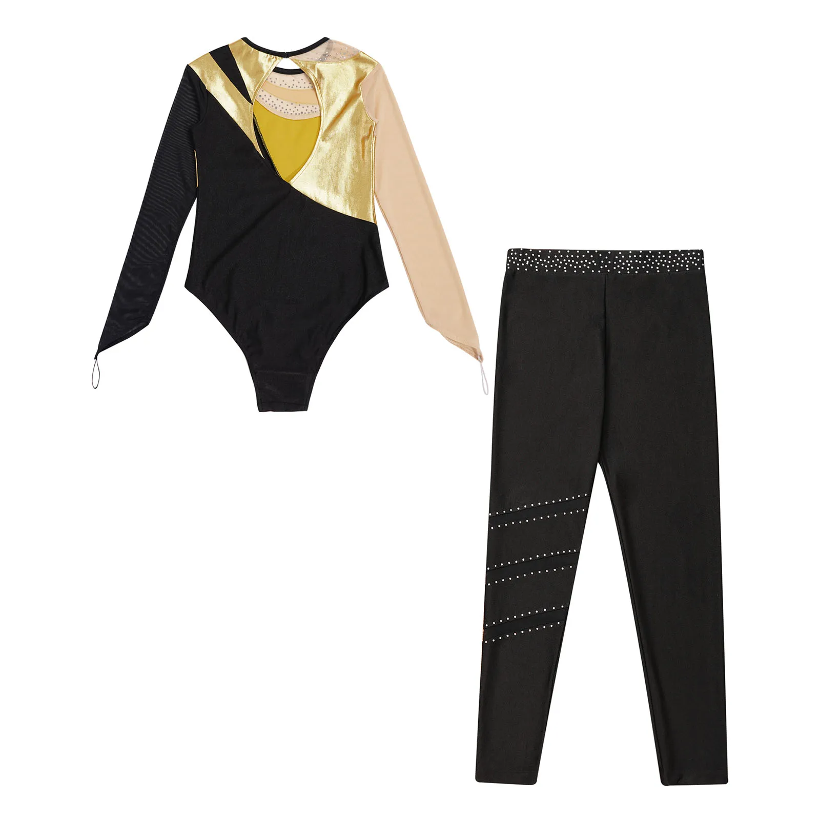 Kids Girls Long Sleeve Ballet Practice Dance Wear Gymnastics Leotard Ice Skating Competition Dance Costume with Trousers Outfit