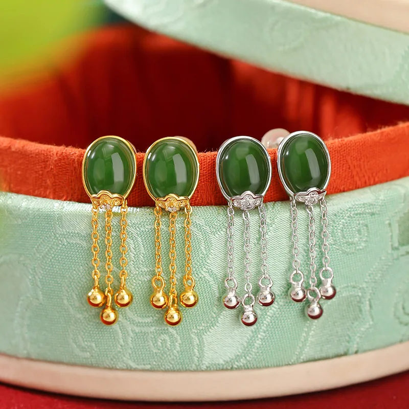 S925 Sterling Silver Gold-Plated Hetian Jade Retro-Shaped Tassel , New Style Earrings
