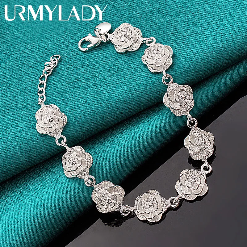 

URMYLADY 925 Sterling Silver Rose Flower Tassels Chain Bracelet For Women Wedding Engagement Fashion Jewelry