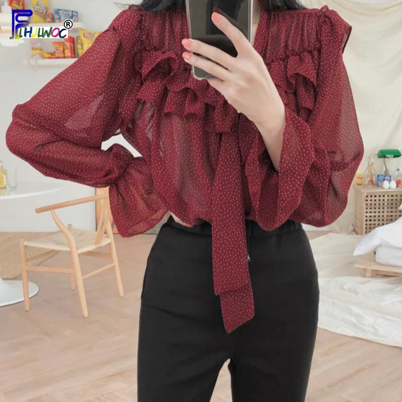 Bow Tie Tops Women Korean Style Flare Sleeve Design Vintage Tops Sweet Red Black Chiffon Romantic Polka Dot Ruffled Blouse Shirt