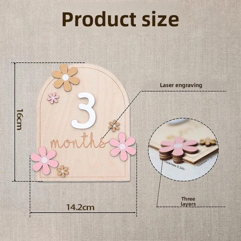 بطاقات معلم شهرية للأطفال الخشبية، زهور مزدوجة الجوانب، رقم الشهر للفتيات والأولاد، ملحقات دعائم التصوير الفوتوغرافي لحديثي الولادة