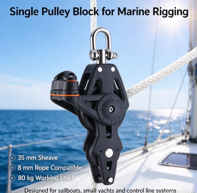35mm Single Pulley Block, 8mm Rope Compatible Marine Pulley for Sailboat, Yacht & Control Line Rigging