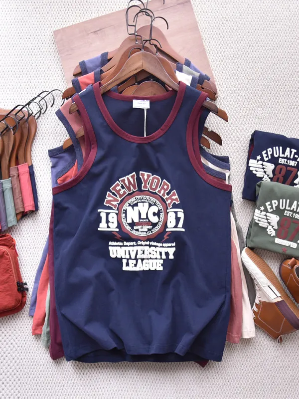 Summer New American Retro Sleeveless O-neck Letter Printed T-shirt Men's Simple Casual Loose Sports Fitness Basketball Vest Tops