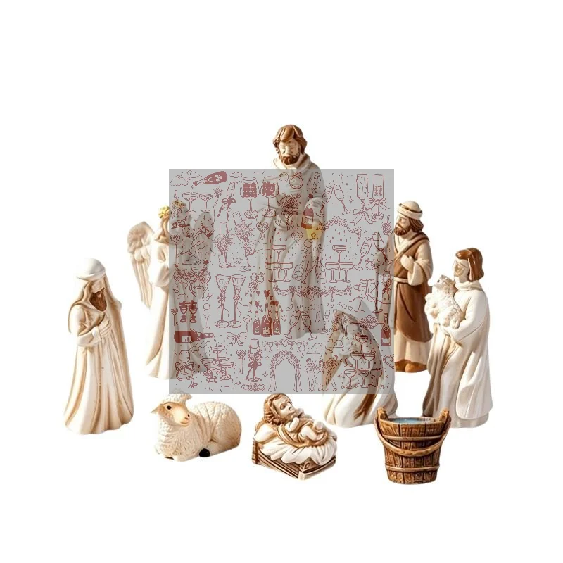 8pcs Christmas Resin Saints Mary  Baby  Angel Sheep Statues Desktop Micro Landscape Resin Small Ornaments