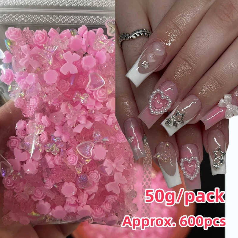 

50g 600Pcs Y2K 3D Pink White Pearls Nail Art Charms Multi Shapes Flower Star Bowknot Heart Pearls Flatback Acrylic Cute Pearl *&