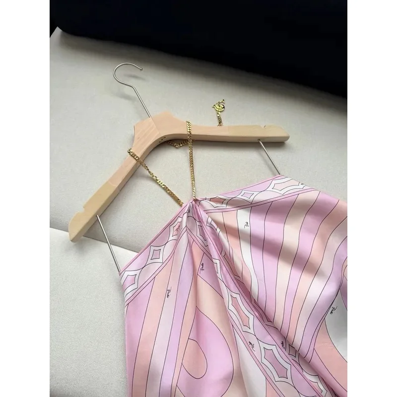 Women's Sexy and Flirty Vacation Iris-Print Halter Top with Chain Straps—Silk Spaghetti-Strap Sexy Top