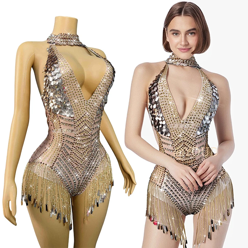 

Halter Sparkly Dance Bodysuit Singer Ds Stage Costume Rhinestone Sequin Fringe Performance Outfit Festival Rave Clothing VDL3612