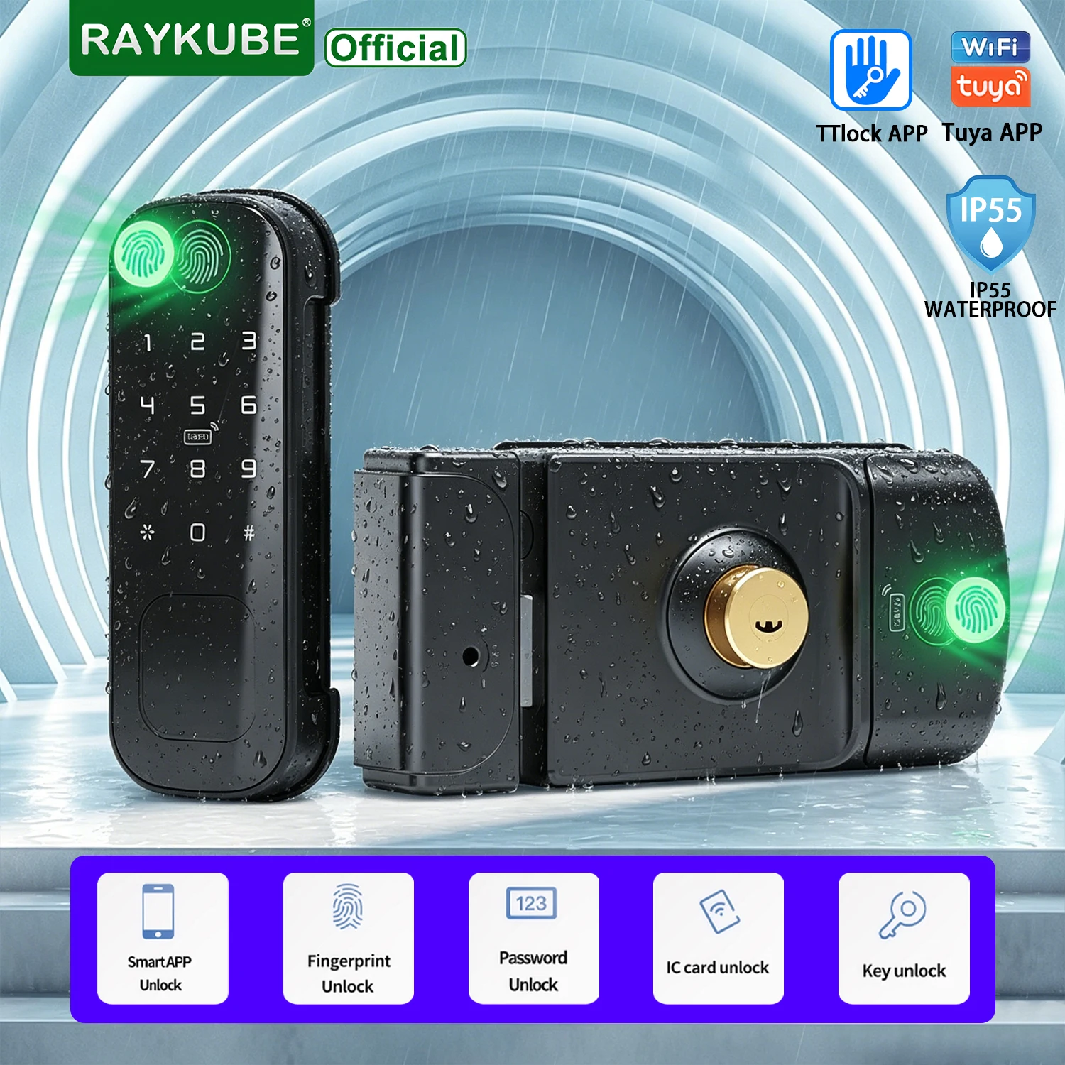 RAYKUBE N4 Smart Gate Lock IP55 Waterproof TTlock Bluetooth/Tuya WiFi Fingerprint IC Card Password APP Unlock Outdoor Courtyard