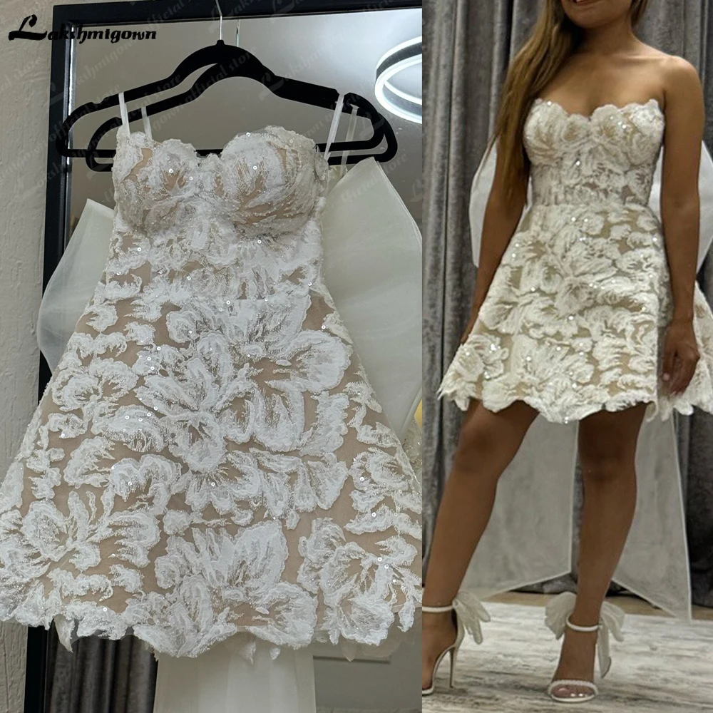 Lakshmigown Mini Sexy Wedding Dresses Full Lace Strapless Short Bride Dress Vestido de noiva Customized