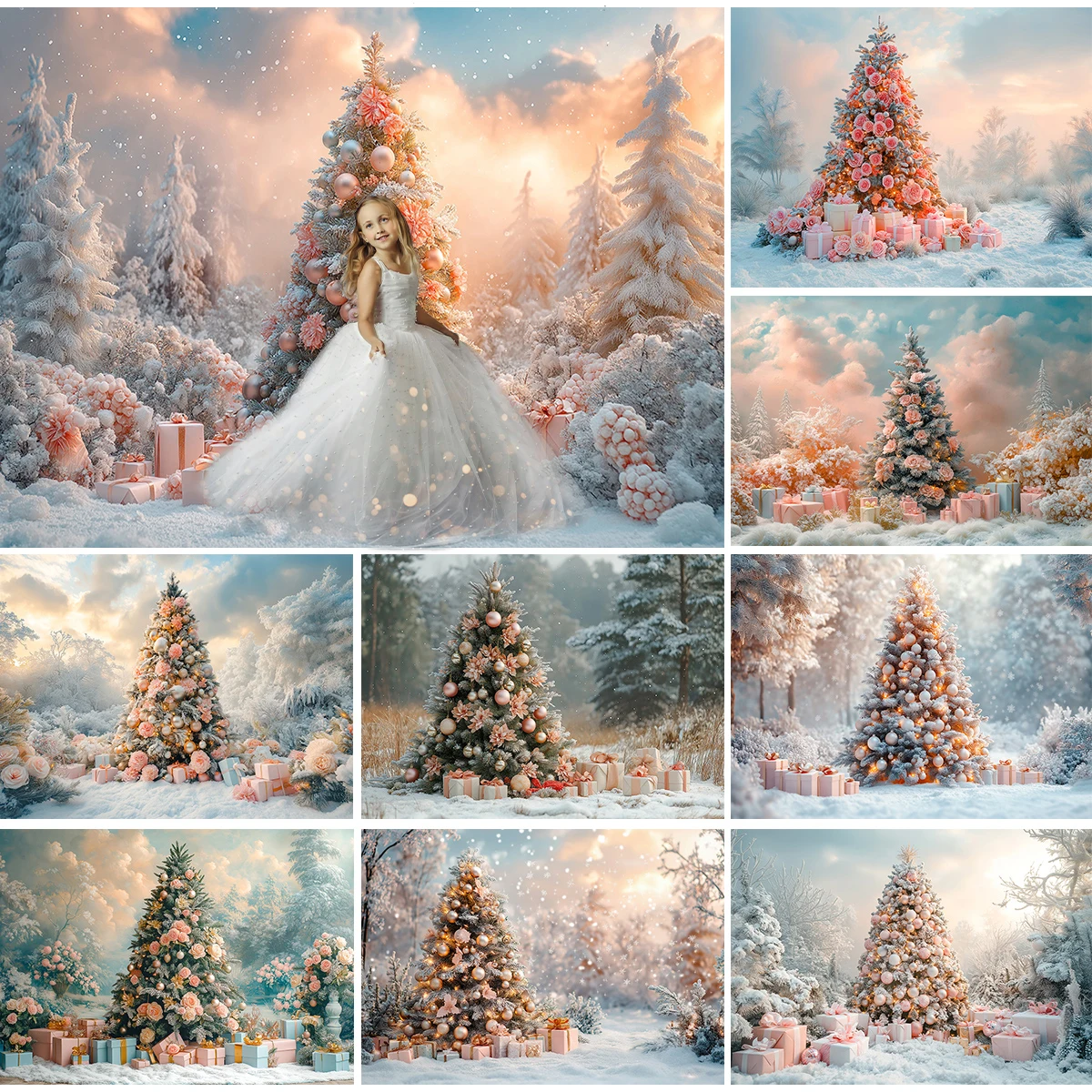 Christmas Tree Backgrounds Outdoor Snowy Adult Family Holiday Party Photoshoot Props Winter Xmas Forest Photo Backdrop Studio