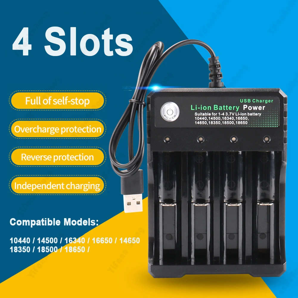 Smart USB 18650 Battery Charger Black 2 3 4 Slots AC Dual For 18650 Charging 4.2V Rechargeable Lithium Battery Charger