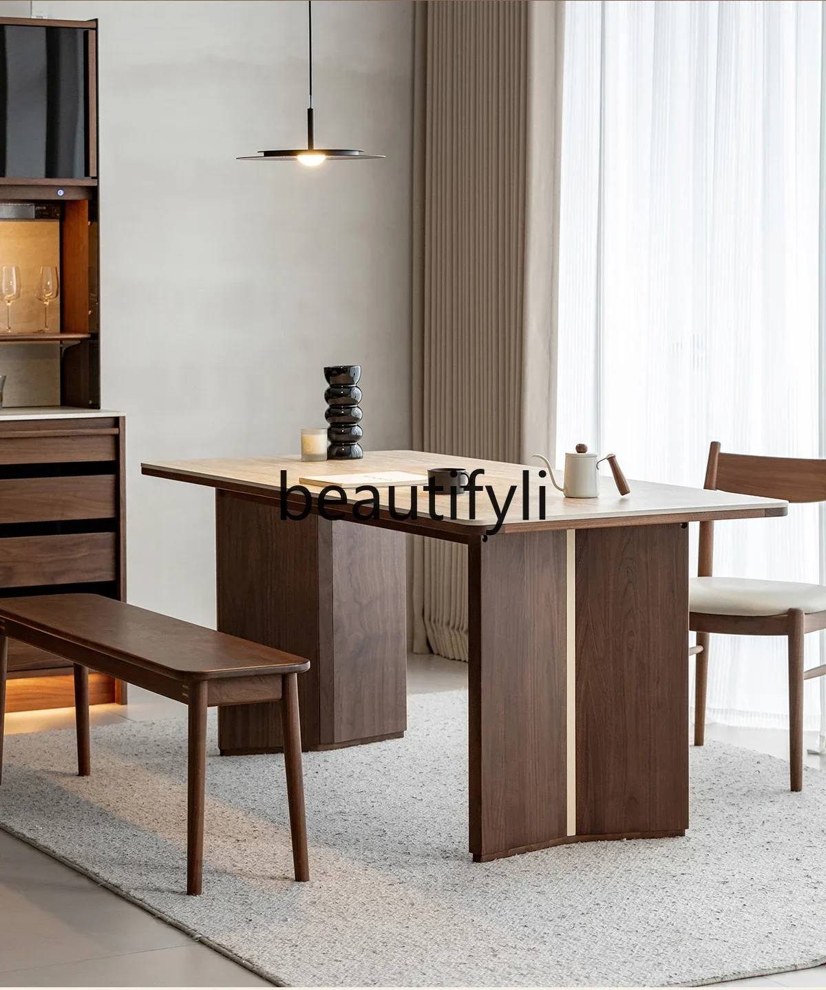 

Travertine rock slab dining table solid wood small apartment retro thickened North American black walnut desk large board table5