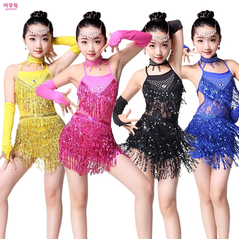 Children's Latin dance dress costume girls group competition practice clothes sequin costumes ballroom dance competition dresses