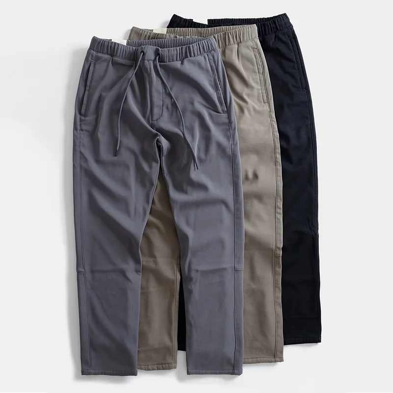 

Fce Lined Winter Straight Leg Casual Pants Elastic Waist Warm Men's Stretchy Loose Work Trousers Japanese Retro Sle Long...