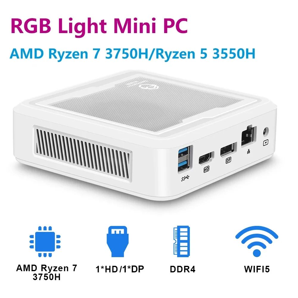 SZBOX AMD Ryzen 7 3750H Ryzen 5 3550H كمبيوتر صغير Windows 11 DDR4 Ram M.2 2280 NVMe SSD RGB كمبيوتر صغير للألعاب خفيف