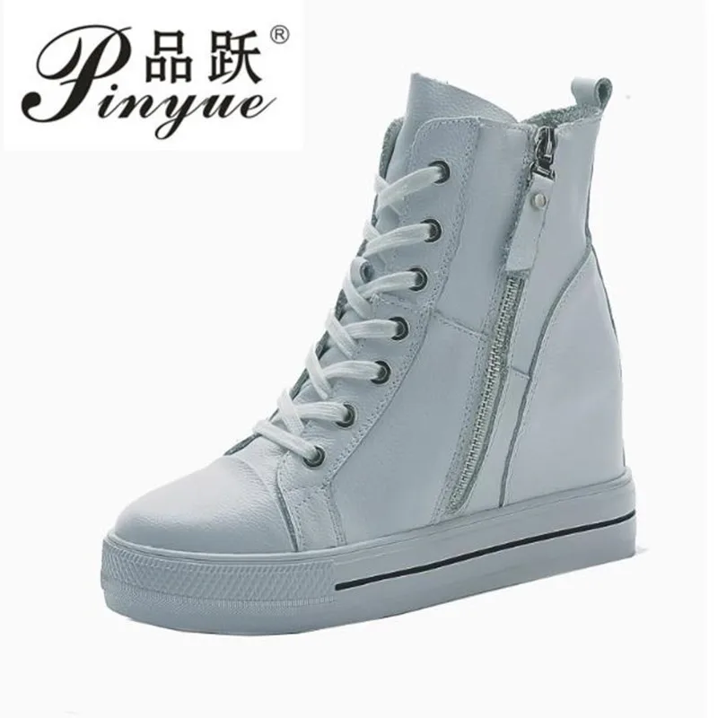 8cm New Autumn Winter Lace-up High-top Genuine Leather Shoes Women Sneakers Shoes High Heels Increase Within Wedges Casual Shoes