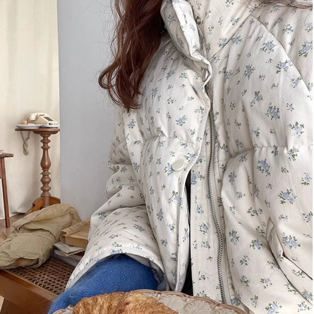 Women Down Cotton Jacket Winter Warm Small Floral Short Style Cotton Jacket Leisure Stand Up Collar Bread Cotton-Padded Jacket