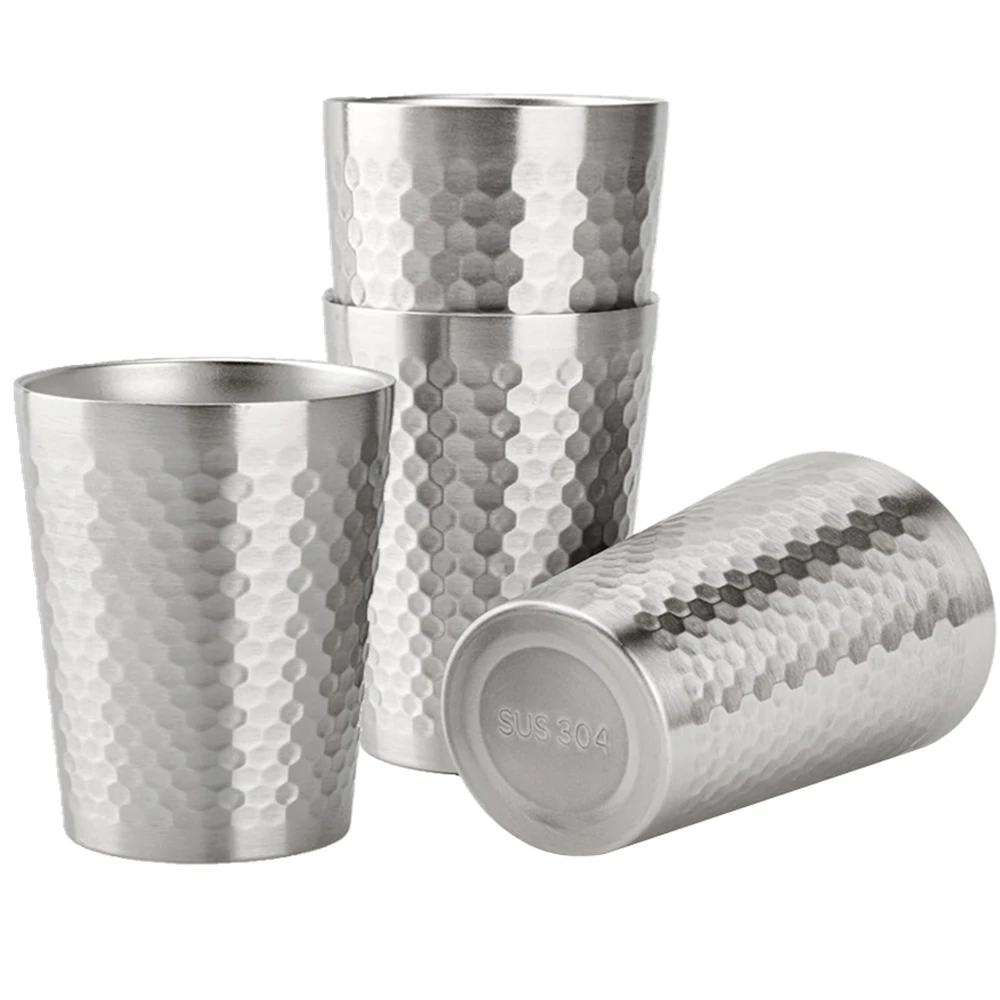 4 Pack 300ml Stainless Steel Coffee Mug Honeycomb Design Double Wall Small Metal Cup Reusable Camping Cups for Party Home BBQ