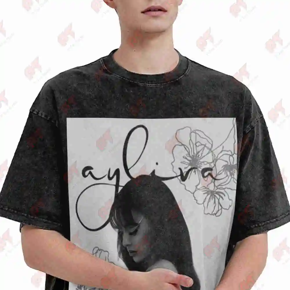 Ayliva Signature Logo Floral Face Vintage Washed Tee Pure Cotton T-Shirt