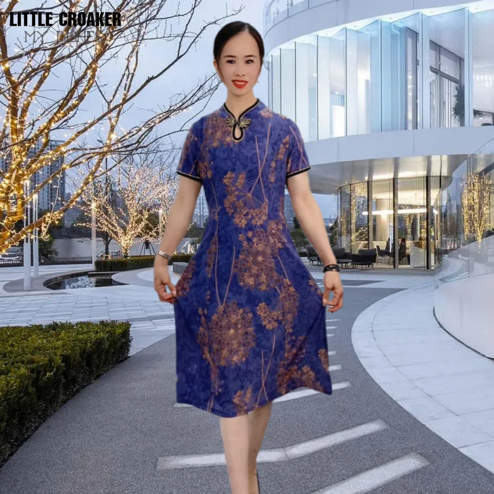 Vestido Qipao con bolsillos para mujer de mediana edad, ropa de Madre de gran tamaño, transpirable, fresco y cómodo, mejorado