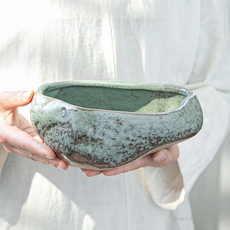 Retro Ceramic Small Flower Pot, Creative Desktop Home, Succulent Green Plant Wenzhu Potted Utensils, Chinese Garden Handmade 1Pc