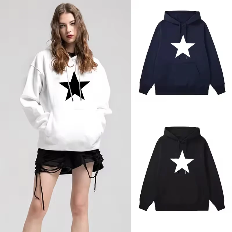 American Oversize Pentagram Print Hoodie Sweatshirt for Women Grey Loose Fit Men's Hoodies Plus Size Retro Street Autumn Tops