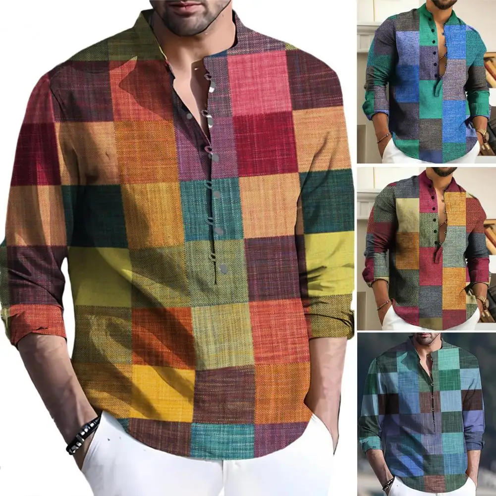 Camicia con stampa geometrica retrò camicie abbottonate da uomo alla moda Design retrò classico accessori maschili versatili per l'autunno primaverile