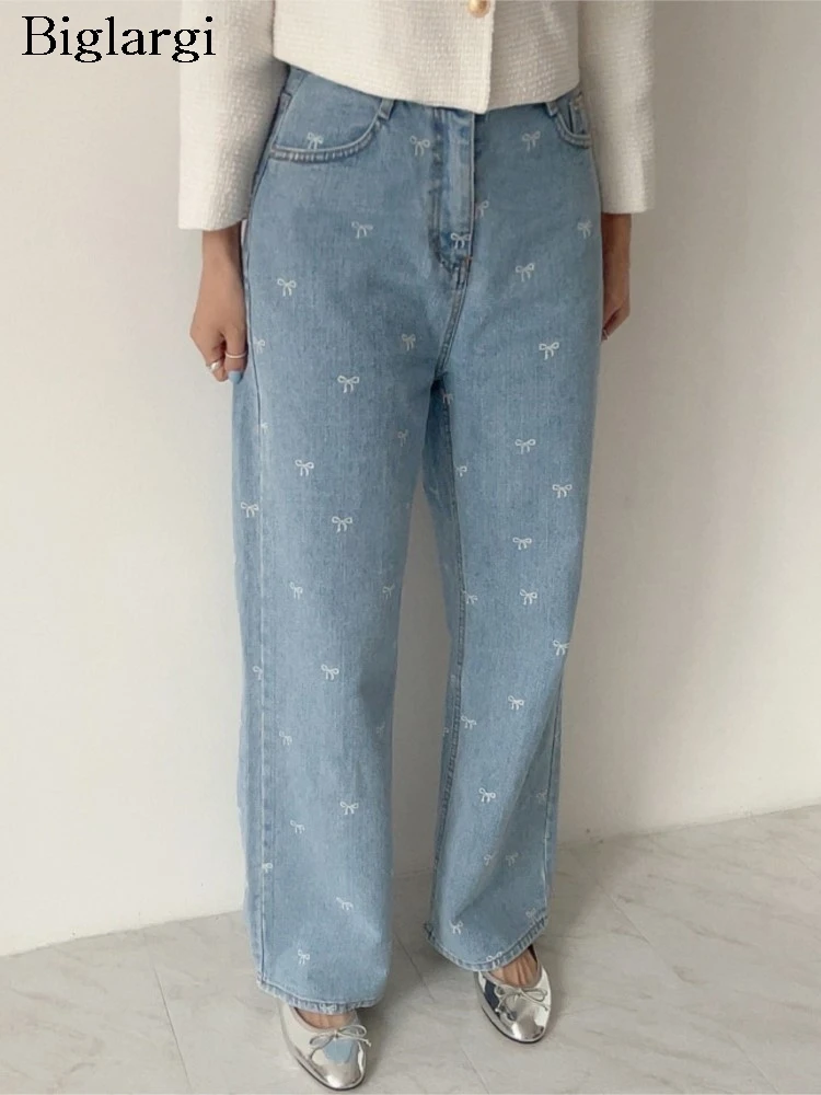 

Jeans Spring Autumn Long Bow Print Long Pant Women Casual Fashion Sweet Ladies Trousers Korean Style Loose Pleated Woman Pants