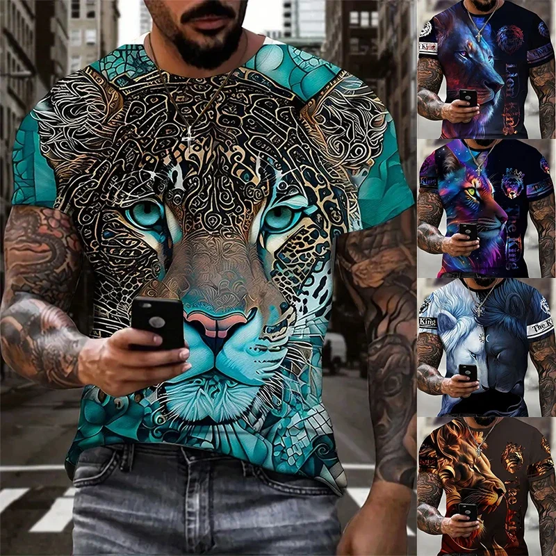 

2024 Fashion New Men's Round Neck Printed Ferocious Animal Pattern Fashionable Refreshing Short Sleeves