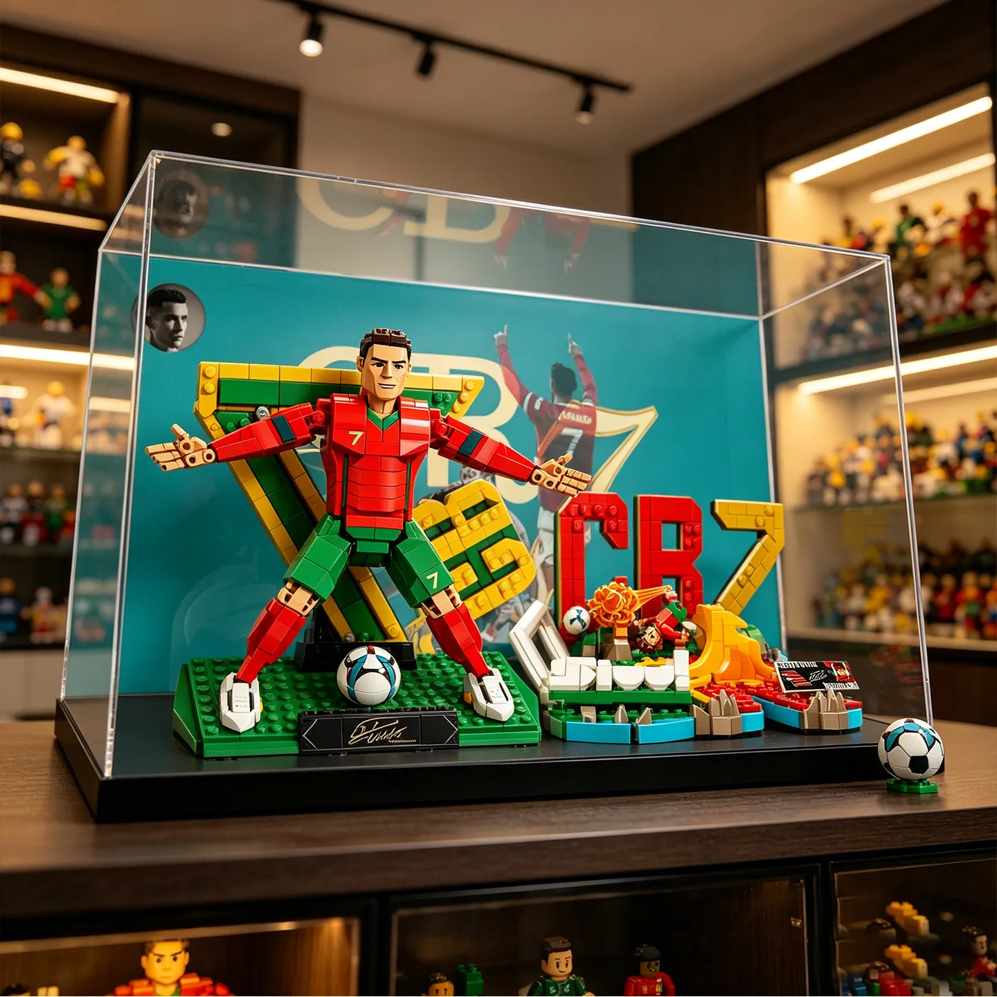 Display box suitable for LEGO World Cup 43016+43012C Ronaldo football combination high-end dust cover HD transparent