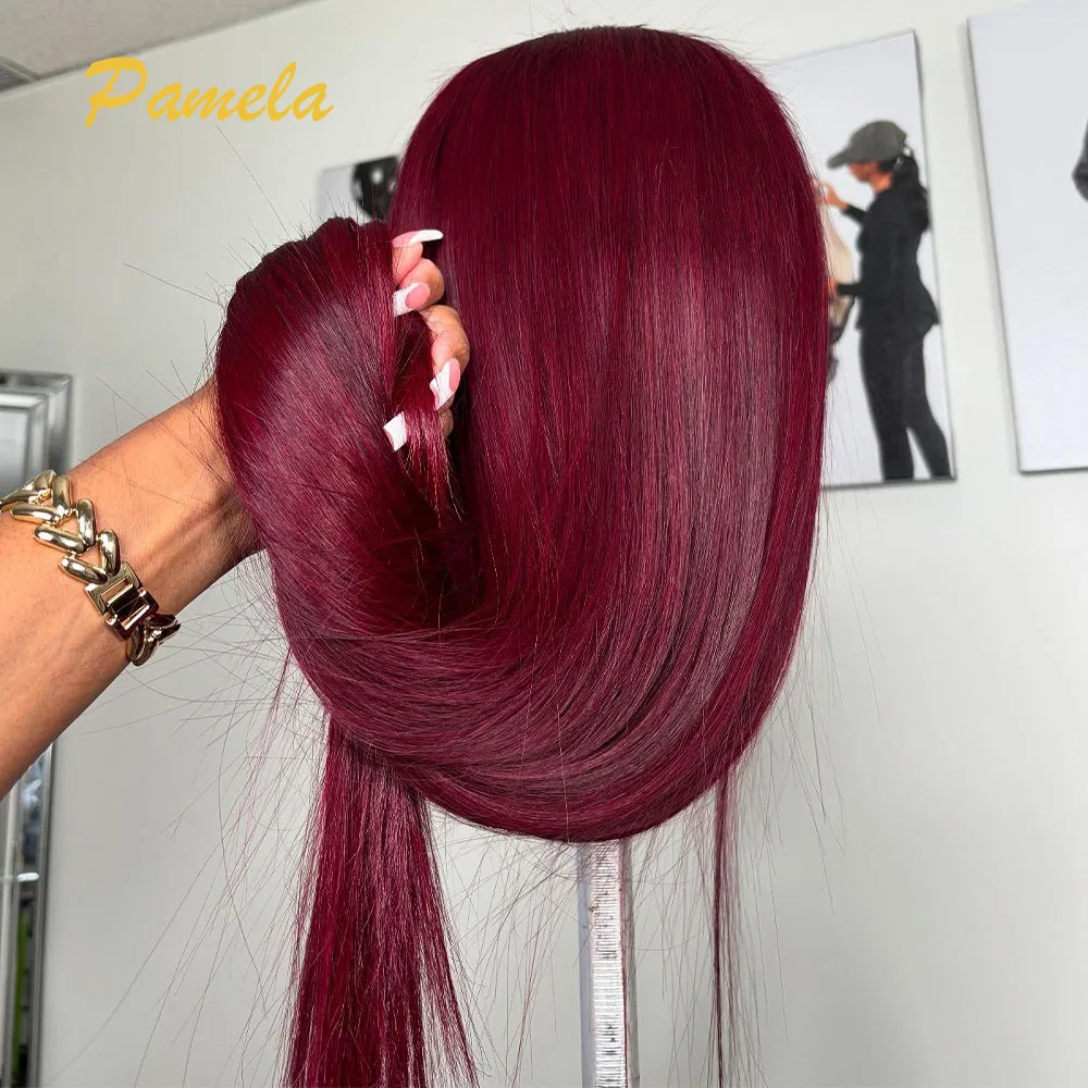 Super Double Drawn Burgundy Colored Glueless Wig Ready To Wear 13x6 Bone Straight Transparent 30inch Lace Front Human Hair Wigs