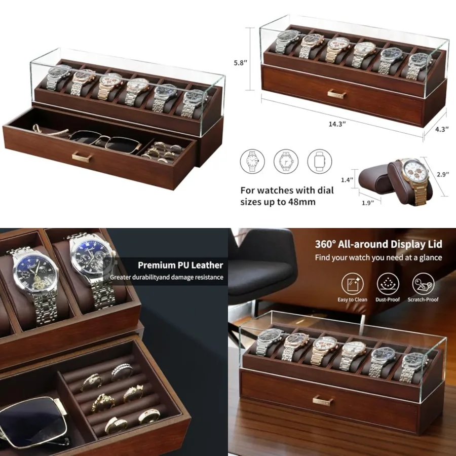 

High End Wooden Watch Box with 6 Slots and Glass Lid - 2-Layer Jewelry Organizer for Men - Watch Display Case, Ideal Business G
