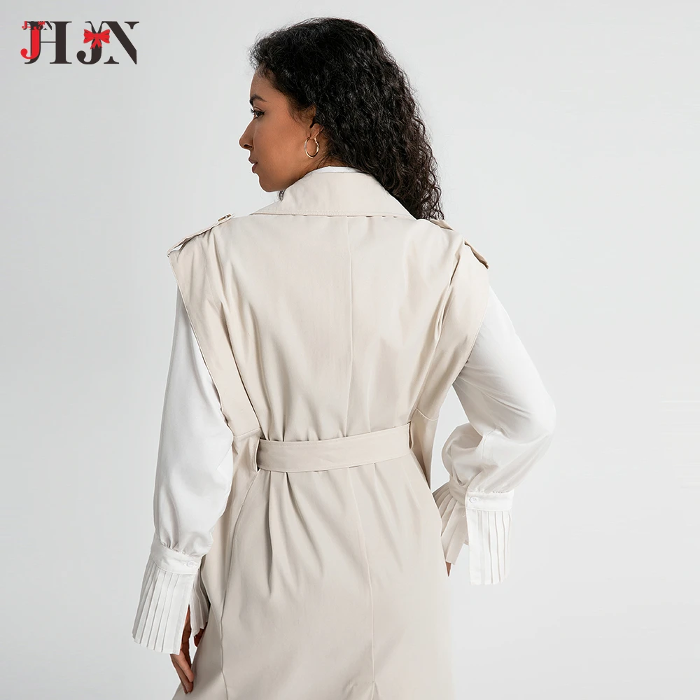 JHJN Trench da donna francese senza maniche con tasca Capispalla allentato casual Cappotto doppiopetto Cintura di tendenza solida Gilet lungo