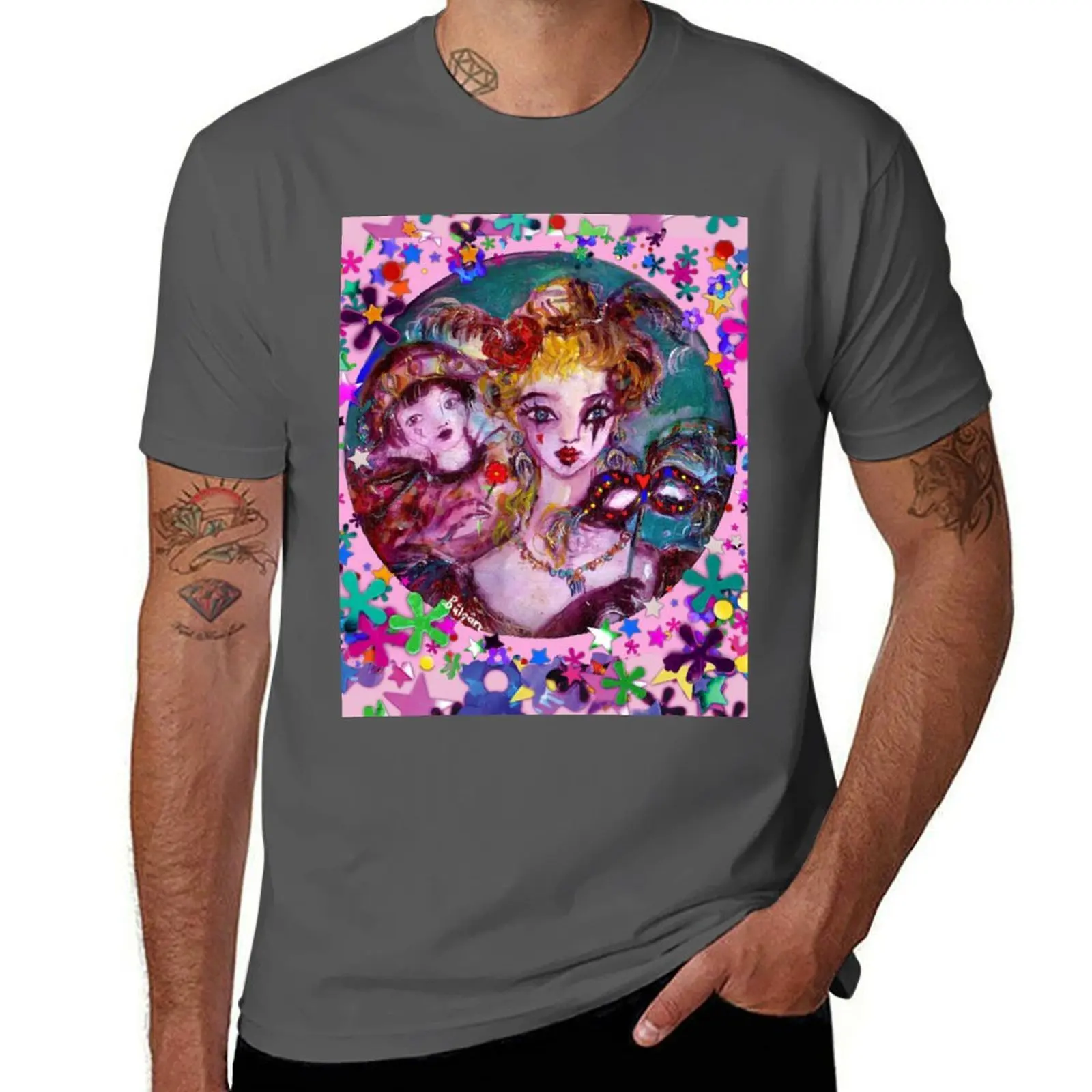 

ROMANTIC VENETIAN MASQUERADE LOVERS,MASKS AND COLORFUL CONFETTI T-Shirt funny t shirts cotton t shirt man casual T-Shirt