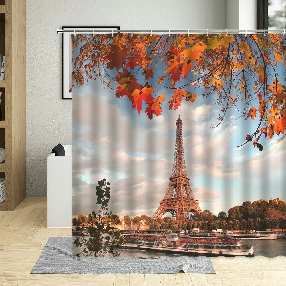 Autumn Paris Scenery Shower Curtain Retro Paris Tower Print Bathroom Accessories Curtains For Art Decor Screens With Hooks