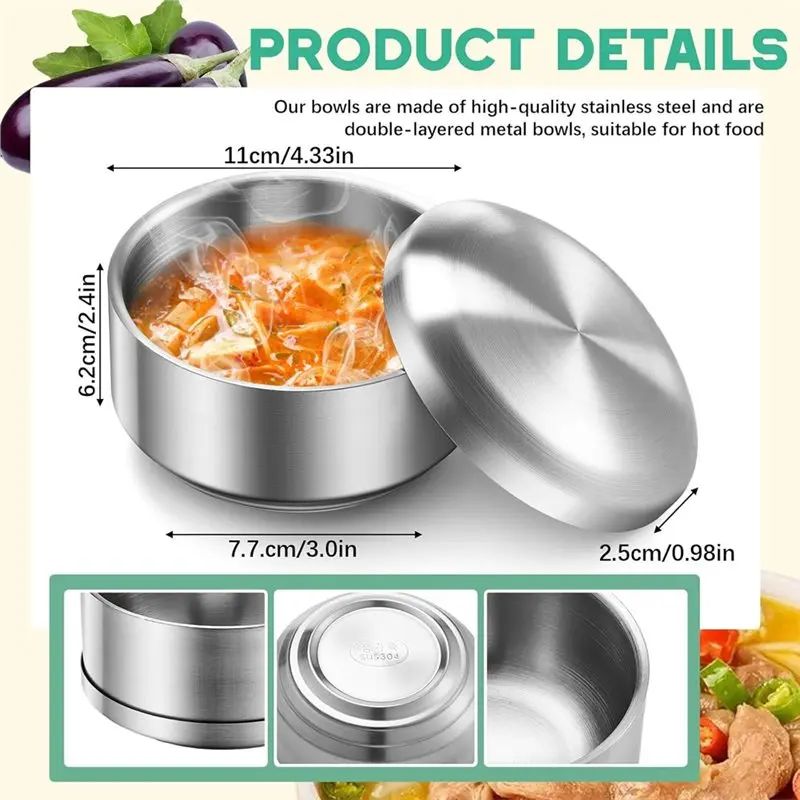 ABDJ-Double-Walled Anti-Scalding 12 Oz Stainless Steel For Cereal Bowl 4Pc Set With Lid For Korean Soup Rice Kitchen Restaurant
