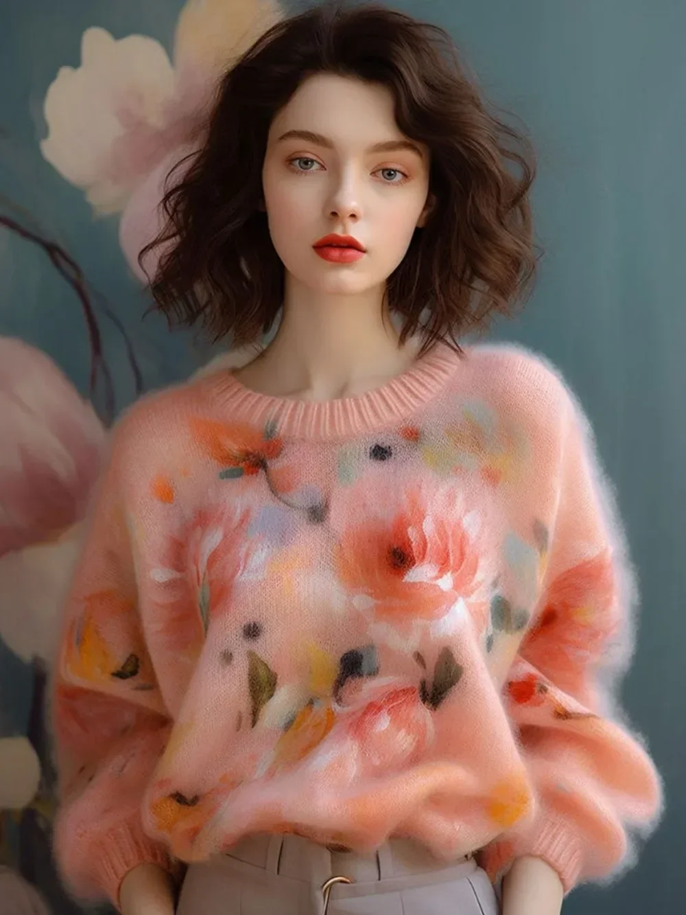 Pink Fluffy Round Neck Sweater for Women Peony Flower Lazy Big Sweater Bottom Shirt Big Size Autumn and Winter 2024