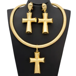 Nigerian Gold Plated Jewelry Set African Cross Drop Earrings Pendant with Choker Chains Solid Necklace Sets Jewellery 2PCS