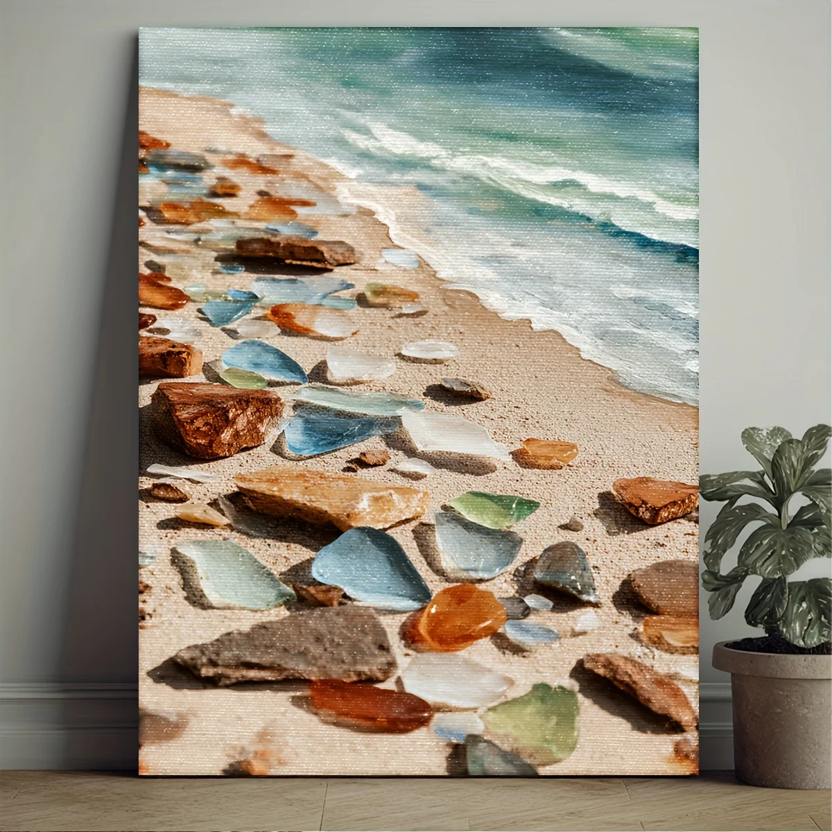 (No frame)1pc Framed Manga Style Scenic Beach Wall Art with Sea Glass - Neutral Soft Tones Ocean Painting, Square Wrap-Around